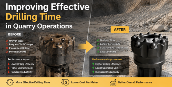 Comparison of drill bit performance showing improved effective drilling time and reduced tool change frequency in quarry operations